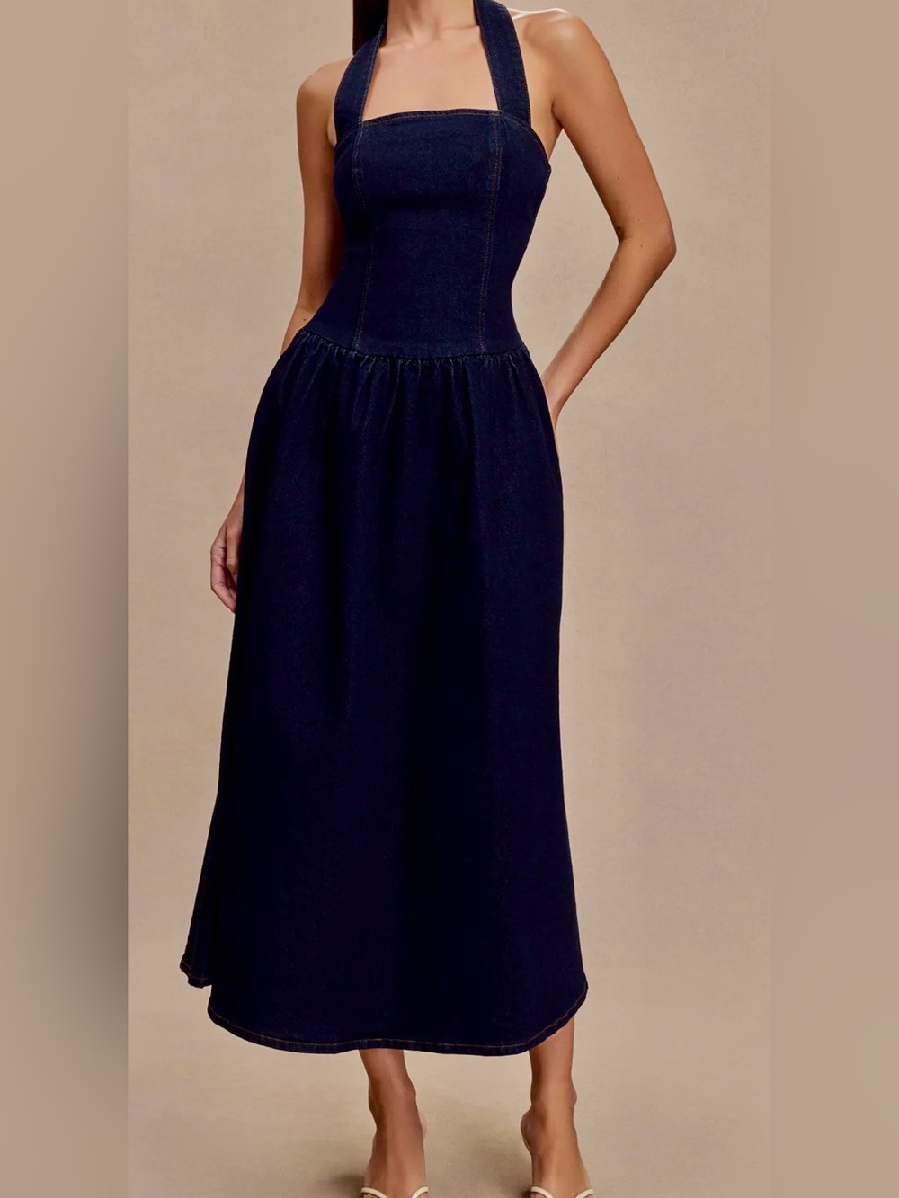 Meshki Caroline denim halter midi dress blue NWT L